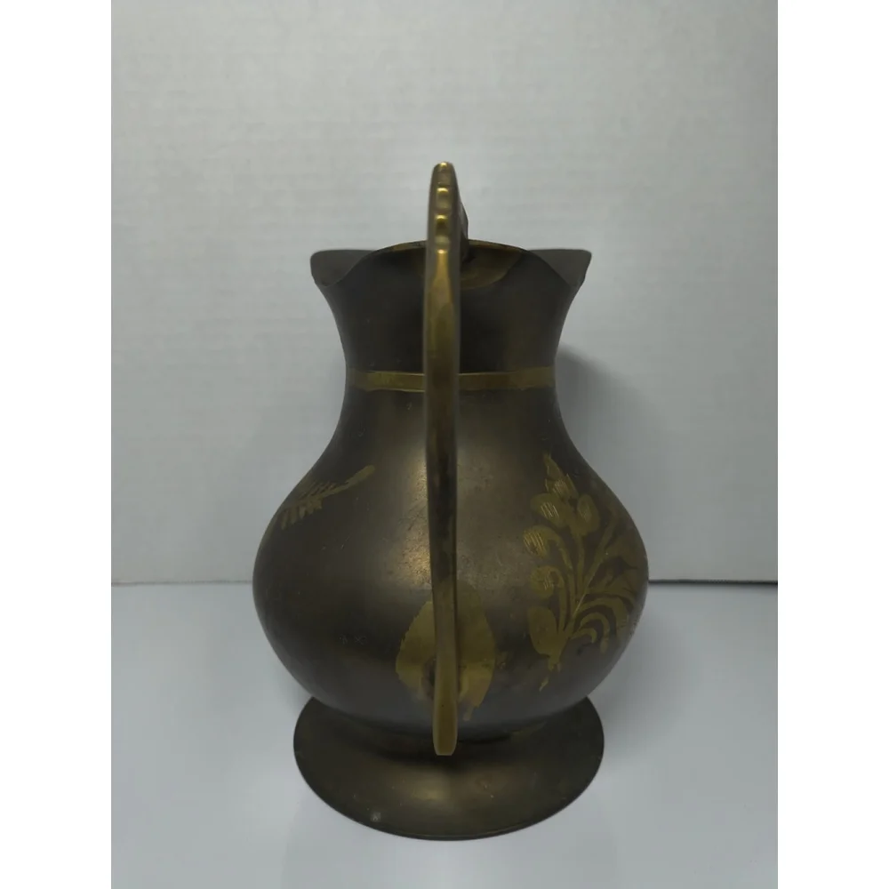 Vintage Two‎ Tone Brass Pitcher Ewer Etched Flower Floral Design Notched Handle